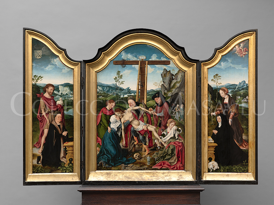 Tríptico del descendimiento con donantes, san Juan Bautista y una santa. Ca. 1520 Autor: Cleve Joos Van 